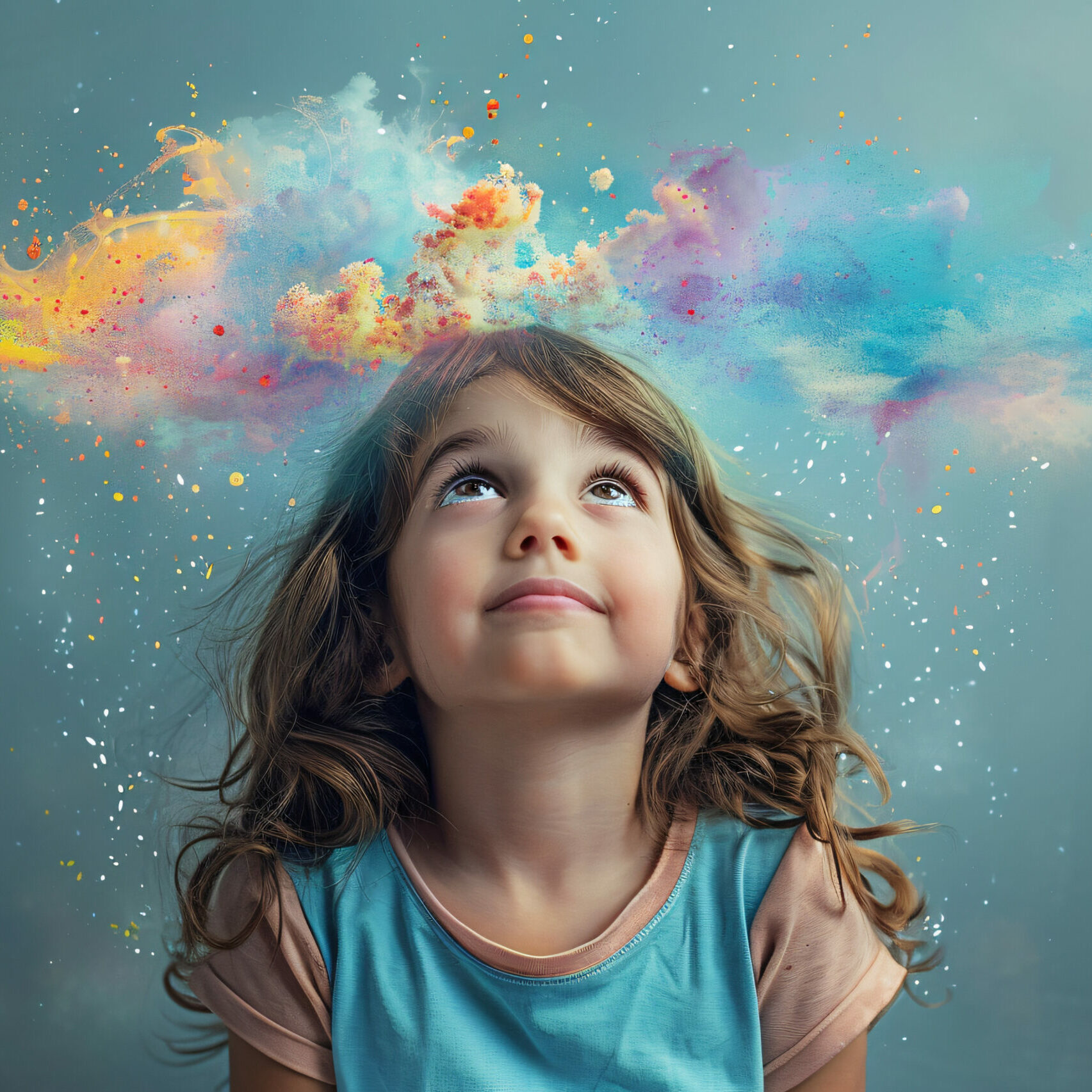 Enfant qui joue sous un arc-en-ciel – Hypnose enfants et adolescents Portrait d’un enfant entouré de couleurs, symbolisant l’hypnose pour gérer émotions et créativité.